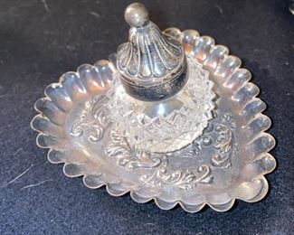 Lot 2276. $250 for both. 1) Sterling and crystal Cruet Set made in England,. circa 1875. pd $300 in 1989 from the Little Traveler in Geneva and 2) Delicate Birmingham sterling inkwell on heart-shaped base, c. 1894. Purchased at the Prairie House for $217