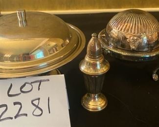 Lot 2281, $38.00. 1) Rogers Silver Co. covered silver server. 2) Sterling weighted salt shaker. 3) Gemco covered, pedestal dish - stainless 6" tall