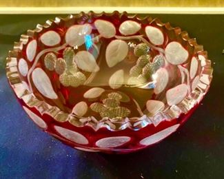 Lot 2284, $95.00. Antique Cranberry, scalloped edge serving bowl. Super heavy, lead crystal cut-to-clear cranberry bowl. Frosted and clear glass raspberry and pattern. It is oh, so stunning as you can see from the picture! The owner paid $300 at an antique store for this bowl.