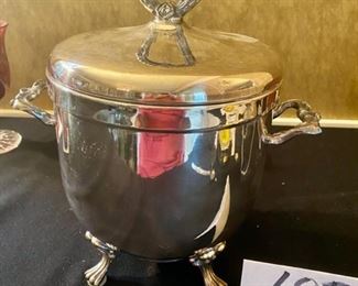 Lot 2286, $55.00. English Silver Co., Footed, 3-qt Ice Bucket, ceramic liner. 11" x 12.5" Says American Made but English Silver Co. -- I say "Super Nice"