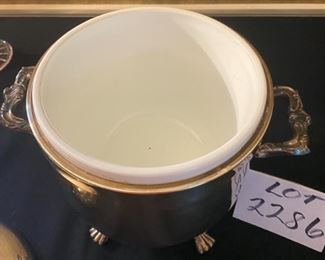 Lot 2286, $55.00. English Silver Co., Footed, 3-qt Ice Bucket, ceramic liner. 11" x 12.5" Says American Made but English Silver Co. -- I say "Super Nice"