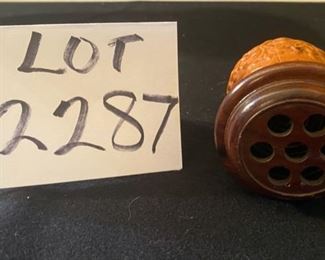 Lot 2287. $35.00. This is an antique celluloid Cricket Holder - children would catch a cricket, put it in this vessel, and shake it, like a rattle. Has the stamp from China that allows for certain antiquities to be taken out of the country. Interesting info.