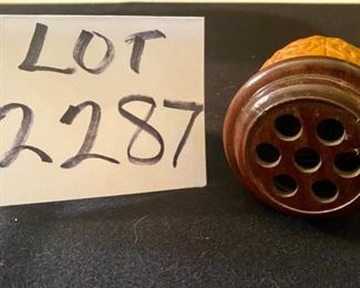 Lot 2287. $35.00. This is an antique celluloid Cricket Holder - children would catch a cricket, put it in this vessel, and shake it, like a rattle. Has the stamp from China that allows for certain antiquities to be taken out of the country. Interesting info.