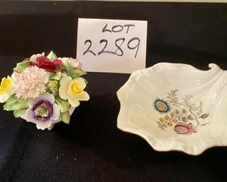Lot 2289 $20.00 Lot of 2: 1) Royal Doulton porcelain flower dish (ala Capodimonte) 5" x 4"' . 2) Minton candy dish, hand painted.