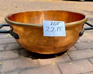 Lot 2218. $275.00. Gorgeous Big Copper Bowl/Pot. Heavy iron quadruple bolted handles, stamped "81" on the rim. Phenomenal condition for an antique copper bowl. 21.5"d x 10"t. This puppy is heavy.