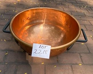 Lot 2218. $275.00. Gorgeous Big Copper Bowl/Pot. Heavy iron quadruple bolted handles, stamped "81" on the rim. Phenomenal condition for an antique copper bowl. 21.5"d x 10"t