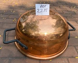 Lot 2218. $275.00. Gorgeous Big Copper Bowl/Pot. Heavy iron quadruple bolted handles, stamped "81" on the rim. Phenomenal condition for an antique copper bowl. 21.5"d x 10"t