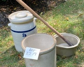Lot #2219. Asking $225 for all 4 pieces plus the lid. 3 gal butter churn crock. The churn paddle shown doesn't fit this crock, but not sure what it does fit, so we've put it in with this lot. Also included is a nice looking 3 gal Red Wing Pottery crock, and a Country Cooker" Made for an Amana range, by Western Stoneware. Small Chip on side handle.