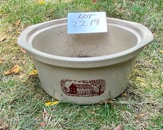 Lot #2219. Asking $225 for all 4 pieces plus the lid. 3 gal butter churn crock. The churn paddle shown doesn't fit this crock, but not sure what it does fit, so we've put it in with this lot. Also included is a nice looking 3 gal Red Wing Pottery crock, and a Country Cooker" Made for an Amana range, by Western Stoneware. Small Chip on side handle.
