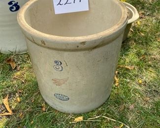 Lot #2219. Asking $225 for all 4 pieces plus the lid. 3 gal butter churn crock. The churn paddle shown doesn't fit this crock, but not sure what it does fit, so we've put it in with this lot. Also included is a nice looking 3 gal Red Wing Pottery crock, and a Country Cooker" Made for an Amana range, by Western Stoneware. Small Chip on side handle.