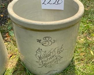 Lot #2220. $250.00. 3 gallon, Super Nice Monmouth IL. Pottery Crock- No cracks. 3 gal. SP+S Illinois Pottery (Whitehall, IL) jug. Exterior chips at the bottom- no cracks. 1 gal glass wine jug in wicker