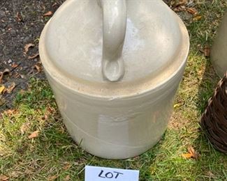 Lot #2220. $250.00. 3 gallon, Super Nice Monmouth IL. Pottery Crock- No cracks. 3 gal. SP+S Illinois Pottery (Whitehall, IL) jug. Exterior chips at the bottom- no cracks. 1 gal glass wine jug in wicker
