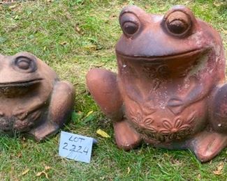 Lot 2224. $75.00. Terracotta Frog Planter Pair (Large: 18"t x 18"w x 16"d great condition) Small: (13"t x 12"w x 12"d chip on edge). THESE FROGS ARE ADORABLE!