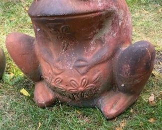 Lot 2224. $75.00. Terracotta Frog Planter Pair (Large: 18"t x 18"w x 16"d great condition) Small: (13"t x 12"w x 12"d chip on edge). THESE FROGS ARE ADORABLE!