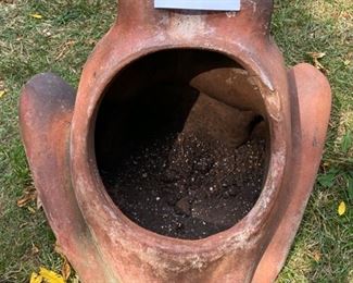 Lot 2224. $75.00. Terracotta Frog Planter Pair (Large: 18"t x 18"w x 16"d great condition) Small: (13"t x 12"w x 12"d chip on edge). THESE FROGS ARE ADORABLE!