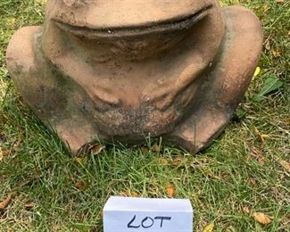 Lot 2224. $75.00. Terracotta Frog Planter Pair (Large: 18"t x 18"w x 16"d great condition) Small: (13"t x 12"w x 12"d chip on edge). THESE FROGS ARE ADORABLE!