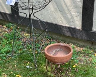 Lot 2223. $65.00. Wire planter lot. Iron Grasshopper Planter (25"w x 15"t) holds 10" terra cotta planter. Antique Wire Planter (24" round, 34" tall) - Fun items for your vintage garden. Love the grasshopper planter!