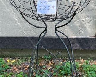 Lot 2223. $65.00. Wire planter lot. Iron Grasshopper Planter (25"w x 15"t) holds 10" terra cotta planter. Antique Wire Planter (24" round, 34" tall) - Fun items for your vintage garden. Love the grasshopper planter!