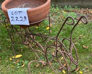 Lot 2223. $65.00. Wire planter lot. Iron Grasshopper Planter (25"w x 15"t) holds 10" terra cotta planter. Antique Wire Planter (24" round, 34" tall) - Fun items for your vintage garden. Love the grasshopper planter!