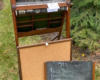 Lot #2222. $75.00 Vintage Litho Plate. Richmond School Furniture Co. Folding wooden easel chalkboard + bulletin board w/supply storage nooks. Scrolls need some adjustment (the one showing has quilting patterns displayed). As-Is. So Cute. 47"t x 23"w x 17"d