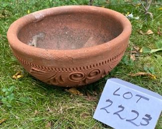 Lot 2223. $65.00. Wire planter lot. Iron Grasshopper Planter (25"w x 15"t) holds 10" terra cotta planter. Antique Wire Planter (24" round, 34" tall) - Fun items for your vintage garden. Love the grasshopper planter!