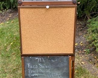 Lot #2222. $75.00 Vintage Litho Plate. Richmond School Furniture Co. Folding wooden easel chalkboard + bulletin board w/supply storage nooks. Scrolls need some adjustment (the one showing has quilting patterns displayed). As-Is. So Cute. 47"t x 23"w x 17"d