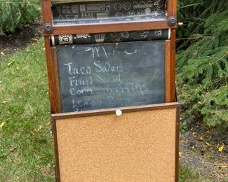 Lot #2222. $75.00 Vintage Litho Plate. Richmond School Furniture Co. Folding wooden easel chalkboard + bulletin board w/supply storage nooks. Scrolls need some adjustment (the one showing has quilting patterns displayed). As-Is. So Cute. 47"t x 23"w x 17"d
