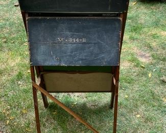 Lot #2222. $75.00 Vintage Litho Plate. Richmond School Furniture Co. Folding wooden easel chalkboard + bulletin board w/supply storage nooks. Scrolls need some adjustment (the one showing has quilting patterns displayed). As-Is. So Cute. 47"t x 23"w x 17"d