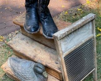 Lot 2303 $85.00 M.L. Leddy Size 13 Men's Cowboy Boots. Shapleigh washboard. Heavy Macheduck decoy- broken beak. Primrose Steps Great Decor. Steps (21"w x 16" t)