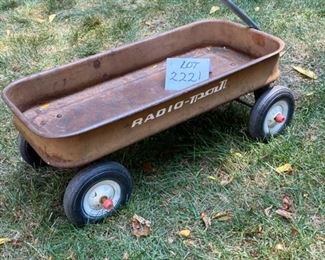 Lot #2221. $95.00. Vintage Radio Trail Wagon (24"x12"). Vintage Sears Wooden Toddler Sled w/folding handle + runners. Also comes with seat cover