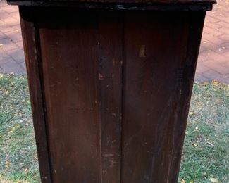 Lot 2304 $165.00 Mirrored, 4 shelf storage cabinet. Beveled mirrors on cabinet front with carved wood inlay. No key or knob 22" x 36.5"t x 16"d