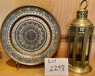 Lot 2248B $65.00 Brass and Copper Hammered Plate w/Bird Detail purchased from the Greek Islands and Brass Lantern with glass inserts and open bottom (ala a hurricane). Plate: 11.5" dia. Lantern 12"h x 5" diameter.
