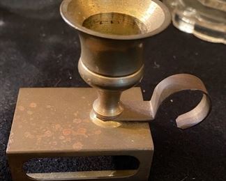 Lot 2291. $38.00 1) Leichlingen Germany Oil Lamp 6.5" x 5". 2) Lantern w/o globe 9" x 4". 3) Candle and match holder, brass, 3.5" x 2.5"