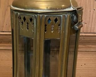 Lot 2248B $65.00 Brass and Copper Hammered Plate w/Bird Detail from the Greek Islands and Brass Lantern with glass inserts and open bottom (ala a hurricane). Plate: 11.5" dia. Lantern 12"h x 5" diameter.