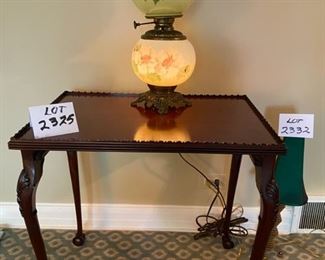 Lot 2325 $135.00 Antique Square Cherry Finial end table with very slight damage on fence detail 25"w x 17" d x 24.5" t