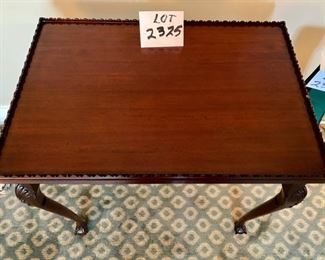Lot 2325 $135.00 Antique Square Cherry Finial end table with very slight damage on fence detail (can be seen on the middle of the right side of picture here) 25"w x 17" d x 24.5" t