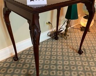 Lot 2325 $135.00 Antique Square Cherry Finial end table with very slight damage on fence detail (can be seen on the middle of the right side of picture here) 25"w x 17" d x 24.5" t