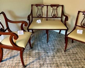 Lots 2326, 2327, and 2329. Vintage 1940's Italian Lyre back, online can sell for $2600.00 for just the settee. Ask about a group price.