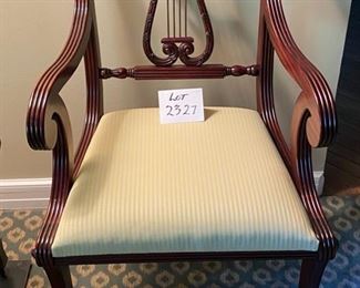 Lot 2327 $600.00 Vintage 1940's Hand-Crafted Italian Mahogany Lyre Back Arm Chair with Scrolled Arms on Hand-Crafted upholstered Seat. Burl Wood Top with Brass or copper plate above lyre. 23.5"W x 34" H x seat 18"H seat depth & height 18"