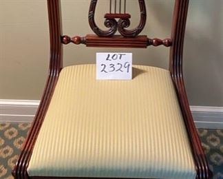 Lot 2329 $400.00 Vintage 1940's Hand-Crafted Italian Mahogany Lyre Back side Chair on Hand-Crafted Seat (No Arms) Burl Wood Top with Brass or Copper Accents on the Lyre 33.5" H x 18" W x 16" D x 18" H Seat