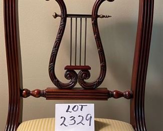 Lot 2329 $400.00 Vintage 1940's Hand-Crafted Italian Mahogany Lyre Back side Chair on Hand-Crafted Seat (No Arms) Burl Wood Top with Brass or Copper Accents on the Lyre 33.5" H x 18" W x 16" D x 18" H Seat
