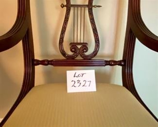Lot 2327 $600.00 Vintage 1940's Hand-Crafted Italian Mahogany Lyre Back Arm Chair with Scrolled Arms on Hand-Crafted upholstered Seat. Burl Wood Top with Brass or copper plate above lyre. 23.5"W x 34" H x seat 18"H seat depth & height 18"