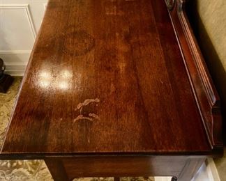 Lot 2267 $225.00. Pretty Antique Sideboard with 1 drawer, very interesting Legs and Feet that match Lot 2266 and Lot 2293. This top has a couple of water stains.