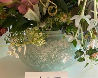 Lot 2333. $40.00. Mixed floral arrangement in a frosted double-handled bowl. Handblown, very heavy (has glass floral pebbles in base).