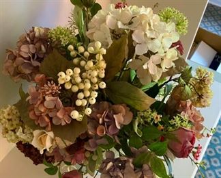 Lot 2333. $40.00. Mixed floral arrangement in a frosted double-handled bowl. Handblown, very heavy (has glass floral pebbles in base).