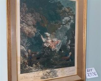 Lot 2336. $95.00. Antique Etching or Engraving " L'Escarpolette" or better known in English as "The Swing" c 1767, by Jean-Honore Fragonard, famous French painter who has done over 550 paintings. The Swing is said to be one of Fragonard's best, and one of the masterpieces of the Rococo era. There is foxing around the edges, but it appears to be the reverse of the master painting. There is an image beneath the picture. 21.5" x 26.5" x 2"d frame