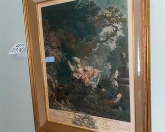 Lot 2336. $95.00. Antique Etching or Engraving " L'Escarpolette" or better known in English as "The Swing" c 1767, by Jean-Honore Fragonard, famous French painter who has done over 550 paintings.. The Swing is said to be one of Fragonard's best, and one of the masterpieces of the Rococo era. There is foxing around the edges and colors are a bit faded, but it appears to be the reverse of the master painting. There is an image beneath the picture. 21.5" x 26.5" x 2"d frame