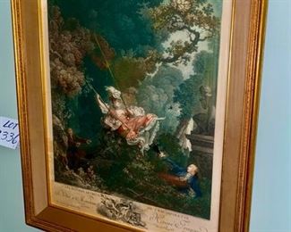 Lot 2336. $95.00. Antique Etching or Engraving " L'Escarpolette" or better known in English as "The Swing" c 1767, by Jean-Honore Fragonard, famous French painter who has done over 550 paintings.. The Swing is said to be one of Fragonard's best, and one of the masterpieces of the Rococo era. There is foxing around the edges and colors are a bit faded, but it appears to be the reverse of the master painting. There is an image beneath the picture. 21.5" x 26.5" x 2"d frame