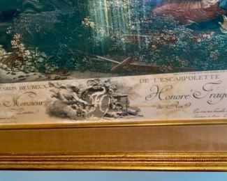 Lot 2336. $95.00. Antique Etching or Engraving " L'Escarpolette" or better known in English as "The Swing" c 1767, by Jean-Honore Fragonard, famous French painter who has done over 550 paintings.. The Swing is said to be one of Fragonard's best, and one of the masterpieces of the Rococo era. There is foxing around the edges, but it appears to be the reverse of the master painting. There is an image beneath the picture. 21.5" x 26.5" x 2"d frame