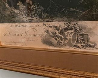 Lot 2336. $95.00. Antique Etching or Engraving " L'Escarpolette" or better known in English as "The Swing" c 1767, by Jean-Honore Fragonard, famous French painter who has done over 550 paintings.. The Swing is said to be one of Fragonard's best, and one of the masterpieces of the Rococo era. There is foxing around the edges and colors are a bit faded, but it appears to be the reverse of the master painting. There is an image beneath the picture as shown above. 21.5" x 26.5" x 2"d frame